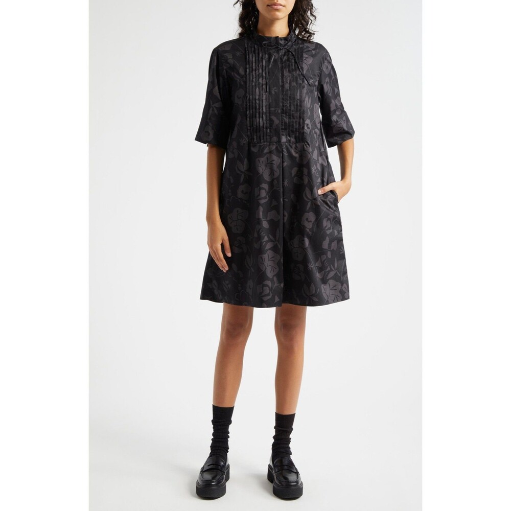 Marimekko Helmat Nokturno Poplin Midi Dress Womens 44 Black Floral Cotton